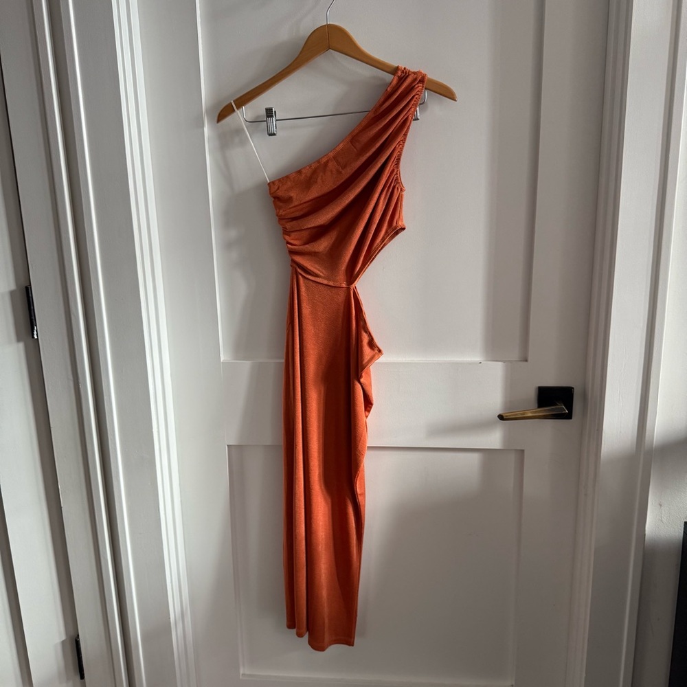 Tangerine orange slinky knit One-Shoulder midi Dress with cutout at side
